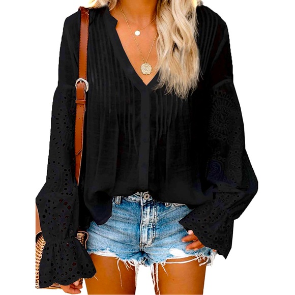 Tops - NWOT Dope Plus Size Women's V Neck Lace Bell Sleeve, Button Down Boho Top
